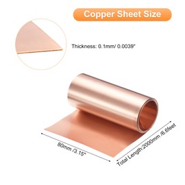 sourcing map Copper Sheet Roll 2000mm x 80mm x 0.1mm, 99.9% Pure Copper Strip Copper Flashing Metal Foil Plate for Electricity DIY Projects (Multiple Sizes)