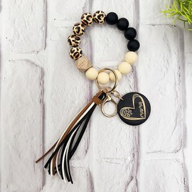 Phamines Wood/Silicone Bead Leopard Bracelet Keychain with Leather Tassel mama Pendant Keyring Wristlet Bangle Keyring Car Keys Holder (Black)