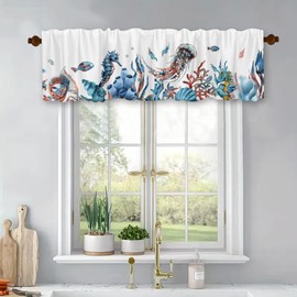 Starfish Seashell Windows Treatment Valances Ocean Seahorse Kitchen Curtains Coral Fish Blackout Drapes Topper Panel with Rod Pocket for Bathroom Bedroom Living Room 54x18Inch
