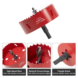 Fivelake（100mm）3-15/16 Inch Hole Saw - M42 HSS Bi-metal Hole Cutter, Triangular Shank Hole Saw Drill Bit with Spring, Hole Saw Tools for Wood, Plywood, Plastic, Gypsum Board, Various Thin Metal Sheets
