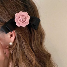 Erimberate Retro Camellia Ribbon Bow Hair Clips Velvet Bow Hair Clip Barrette Pink Camellia Flower Hair Clip Barrettes Pink Camellia Bow Hair Clip Bow Winter Decorative Hair Accessories for Women