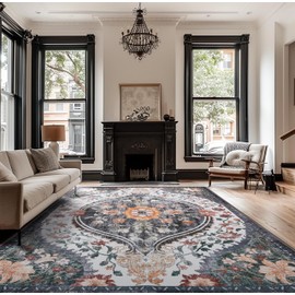 Vintage Boho Area Rugs for Living Room 5x7 Machine Washable Rug Non Slip Low Pile Water Repellent Soft Distressed Carpet for Dining Room Bedroom(Black/Green,5x7ft)