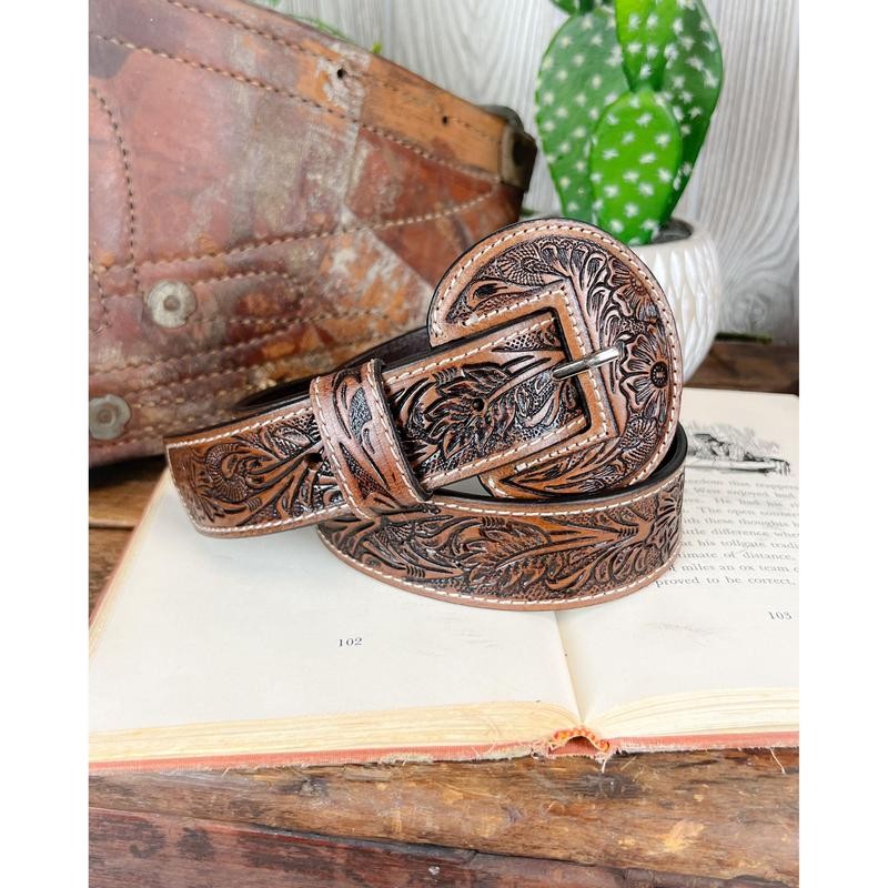 High Desert Tooled Leather Belt - Brown - Size: Large