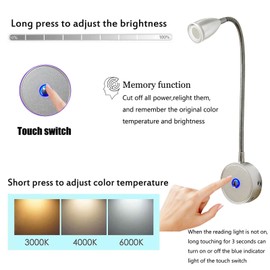 Intckwan 12 Volt LED Lamps, Motorhome, 12 V Reading Lamp Bed, 3 Colour Temperatures, 3 W Dimmable, Flexible Gooseneck, DC12-24 V LED Spot for Car, Truck, Caravan, Motorhome, Camping, Boat (Pack of 2)