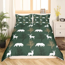 Feelyou Kids Deer Bear Bedding Set Twin Size Green Duvet Cover for Boys Girls Teens Bedroom Decor Nature Comforter Cover Set Women Men Farmhouse Bedspread Cover with 2 Pillow Case