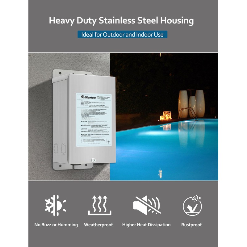BRILLIANTOOL 100W Stainless Steel Casing Pool Light Transformer, Convert 120VAC