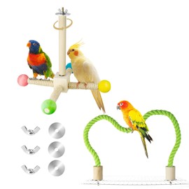 2 Set Bird Perches for Cage and Rope Perch – Interactive Bird Accessories for Parakeet, Parrot, Cockatiel, Budgie Perch - Have 1 Green Rope and 1 Rolling Cage