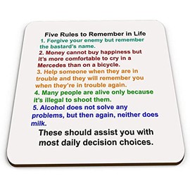Five Rules to Remember in Life Novelty Funny Square Glossy Wooden Coaster