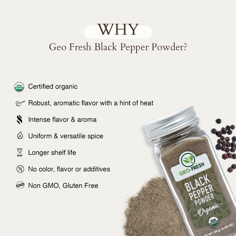 Geo-Fresh Organic Black Pepper Powder – 1.94 oz Glass Jar