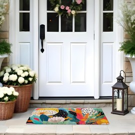 RYVJU Maximalist Abstract Floral Door Mat, Eclectic Boho Botanical Doormat for Front Door Porch Indoor Outside Entrance Entryway, Colorful Floral Welcome Mat, 17x30 Inch