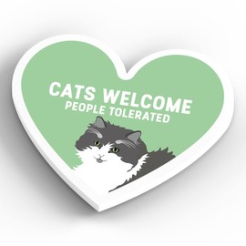Global Designs Grey And White Cats Welcome People Tolerated Katie Pearson Artworks Heart Shaped Wooden Magnet
