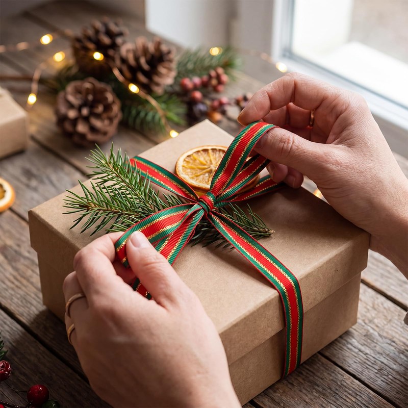 3/8 Inch Christmas Ribbon 25 Yards, Red and Green Stripe