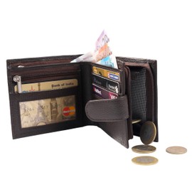 DUO DUFFEL Designer Mens Genuine Leather Wallet RFID Safe Contactless Card Blocking ID Protection (Brown)