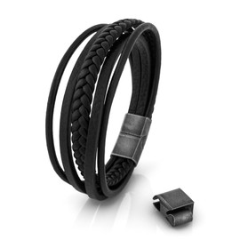 Akitsune Pax Leather Magnetic Bracelet for Men/Women, Silver, Matt Black, Stainless Steel, Silver - Black