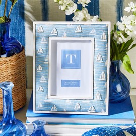 Two's Company Sailboat Hand-Beaded White Washed Photo Frame, Mango Wood, Cotton, Glass, and MDF, Set of 2, Stands Vertically and Horizontally