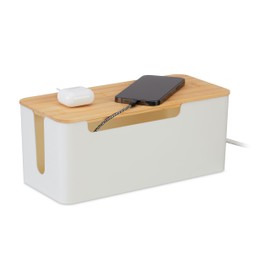 Relaxdays Cable Box for 2 Power Strips, Bamboo Lid, Plastic, H x W x D: 13 x 31 x 14 cm, Hide Cables, White/Natural