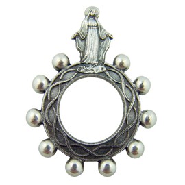 L&M Mens Womens Catholic Gift Silver Tone Our Lady of Grace Crown of Thorns 2-inch Rosary Ring