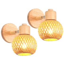 iDEGU Pack of 2 Wall Lights Indoor E27 Wooden Wall Lamp Retro Lampshade Made of Bamboo Bohemian Style Bedside Lamp Adjustable Wall Spot Rattan Lamp for Bedroom Living Room Hallway Dining Room (13 cm)