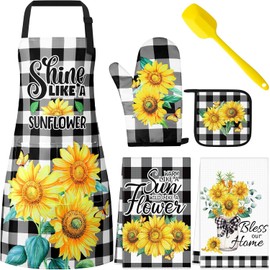 Hoolerry 6 Pcs Sunflower Kitchen Apron Dish Towels Oven Mitts and Pot Holders Sets with Silicone Spatula for Women Wife Grandma Cooking Baking Gifts (Yellow)