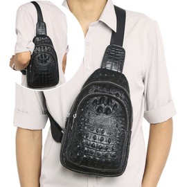KPYWZER Vintage Genuine Leather Sling Bag Backpack for Men Crocodile Embossing Chest Bag Crossbody Shoulder Bag Daypack Black