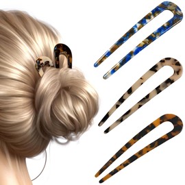 French Hair Forks, Tortoise Shell U-Shape Updo Hair Pins Clips for All Hair Types, Classic 2 Prong Bun Hair Sticks, Cellulose Acetate Chignon Accessories for Women, Vintage Style, 3-Pack