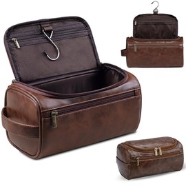 Neceser Hombre Portátil de PU Piel,Cosmetiquera de Viaje Grande Impermeable con Gancho y Asa,Bolsa Aseo de Baño Multifuncional,Regalo Perfecto para Bodas,Cumpleaños para Maridos y Padres-Marrón Oscuro