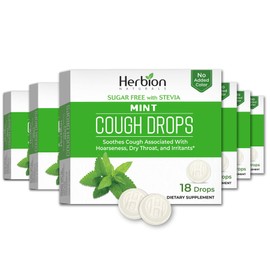HERBION Naturals Cough Drops, Sugar-Free with Stevia, Dietary Supplement, Soothes Cough, for Adults & Children Over 6 Years, 18 Drops Each, 108 Count, Mint, Pack of 6