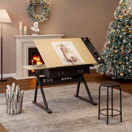 ZephyPaws Wood Drafting Table and Stool Set, Adjustable Height Drawing Table Artist Desk with 2 Storage Drawers for Home Office and School (Natural/Black)