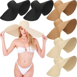 Handepo 6 Pcs Oversized Beach Straw Hat for Women Fashion Large Wide Visor Hat Foldable Beach Hats for Women Floppy Sun Hat Handmade Summer Beach Cap, 27.55 Inch Multicoloured