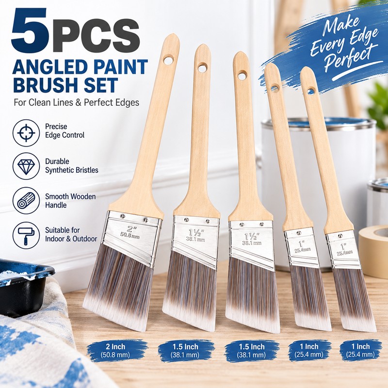 5-Piece Angled Paint Brush Set – Wood Handle Polyester Trim