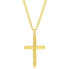 Men’s Polished 3D Cross Pendant Necklace | Gold Stainless Steel 24” Cuban Link Chain Necklace | Religious Jewelry for First Communion, Baptism, or Confirmation
