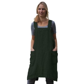 Women's Pinafore Square Apron Baking Cooking Gardening Works Cross Back Cotton/Linen Blend Dress with 2 Pockets Dark Green-M