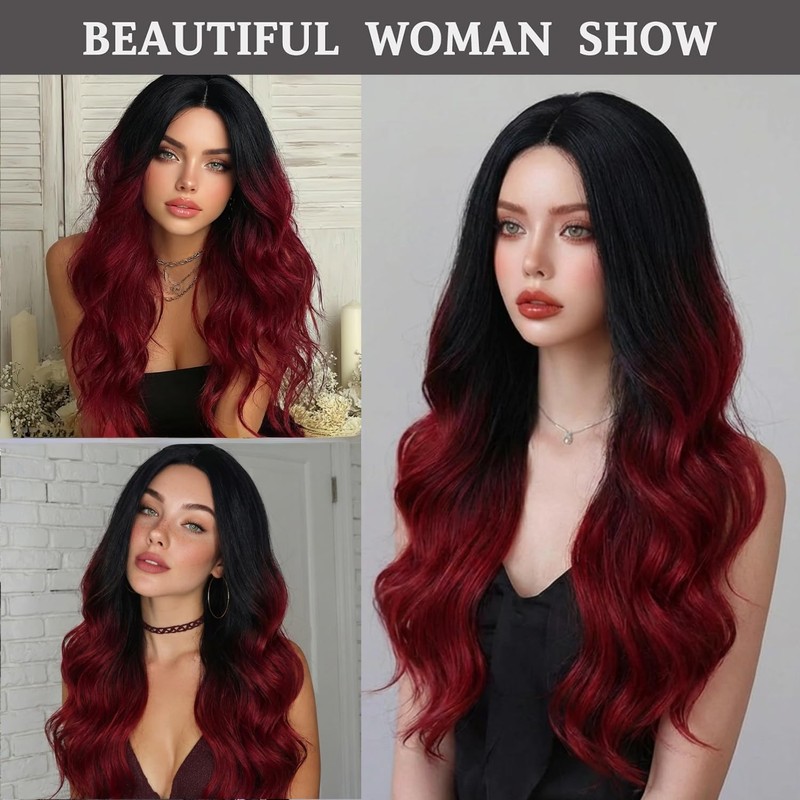 Daiaces Long Red and Black Curly Wig for Women Ombre
