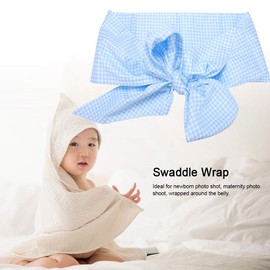 Newborn Swaddle Wrap with Big Bowknot Sash, and Comfortable, for Photo (Light Blue Plaid)
