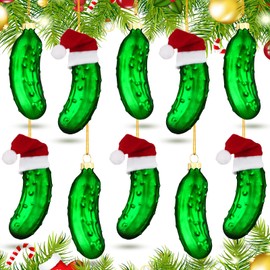 10 Pieces Christmas Pickle Tree Ornament Glass Blown Green Pickle Hanging Ornaments Xmas Pickle Ornament for Christmas Tradition Decor Party Favor and Christmas Tree Decor (Deep Green)