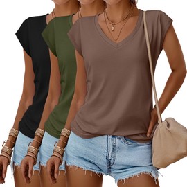 Huukeay 3 Pack Women’s V Neck T Shirts, Cap Sleeve Summer Casual Tops Loose Fit Short Sleeve Tees 2025 Trendy Shirts(Black, Army Green, Coffee,Small)