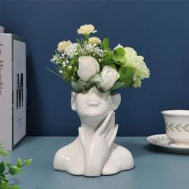 Female Head Vase,Human Body Vase,Small Flower Vase,White Ceramic Vase,Face Vase,Modern Vase for Garden Home Living Room Decor,Table Art Statue Indoor Outdoor (C, Small)