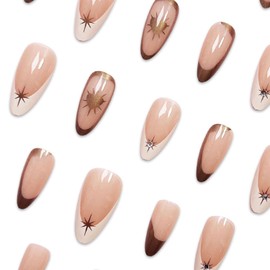 Gold Press on Nails Short Almond French Tips False Nails 3D Metal Chrome Gold Line Acrylic Fake Nails with Heart Star Design French Glue on Nails Almond Shaped Stick on Nails for Women Girls 24 Pcs