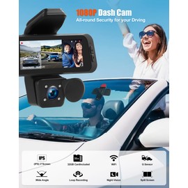 3 Channel Dash Cam Front and Rear Inside, WiFi Dash Camera for Cars with 32GB Card, Dashcam with Night Vision, G-Sensor, 3" IPS Display, Triple Car Camera, Loop Recording, Driving Recorder