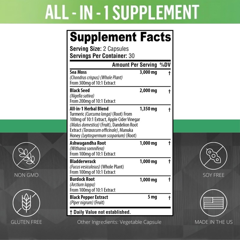Sea Moss Black Seed Oil Ashwagandha Turmeric Bladderwrack Burdock Root
