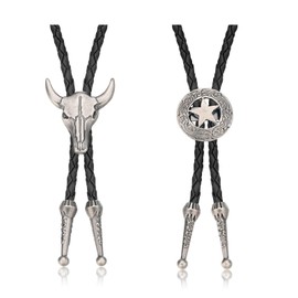 Ticome 2Pcs Cowboy Necklace Set,Cowboy Neck Tie, Men Leather Fashion Retro Necktie Rope Cord Bull Skull Bola Tie, Western Cow Skull Ranger Star Chain