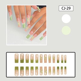 Extra Long Press on Nails Green French Tips Fake Nails Spring Summer Flower False Nails with 3D Pearl Nail Charm Design Acrylic Artificial Nails Glue on Nails for Women Manicure Decoration