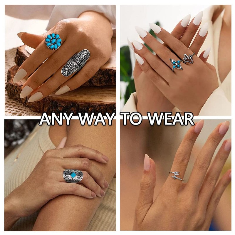 ELABEST Boho Western Ring Set Turquoise Cactus Arrow Joint Knuckle