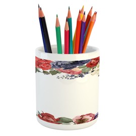 Lunarable Floral Pencil Pen Holder, Romantic Wedding Valentines Inspired Mix Rose Peony Petals Floral Wreath Design, Printed Ceramic Pencil Pen Holder for Desk Office Accessory, Multicolor