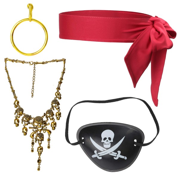 Beelittle Captain Pirate Costume Accessories Set Red Headband Pirate Skull Eye Patch Gold Earrring Necklace (Red 2)