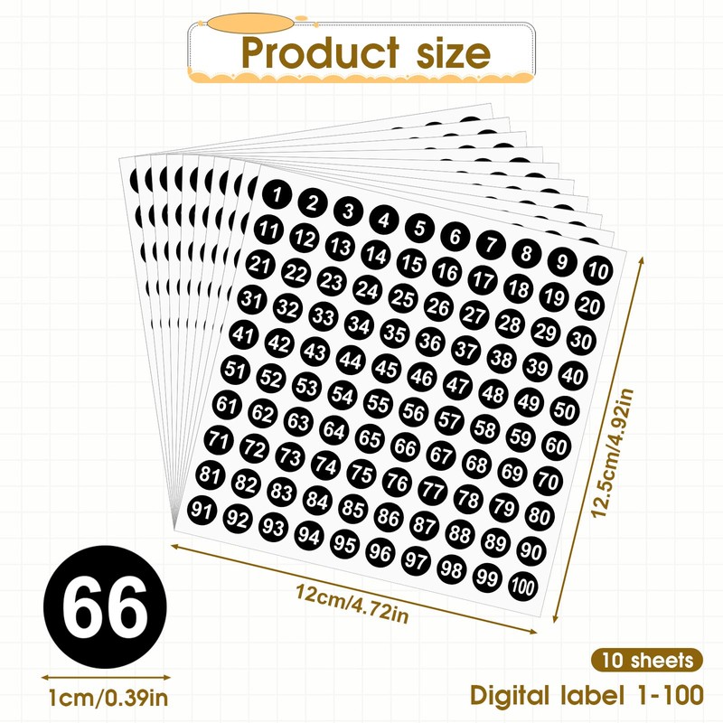 1-100 Round Number Stickers, 10 Sheets Consecutive Labels, Self-Adhesive 0.4"