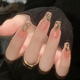 Hkanlre Bling Coffin Press On Uñas Falso Uñas Consejos Cubierta Completa Mediano Falso Gradiente Uñas para Mujeres y Niñas 24Pcs (Coffin Dorado)