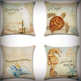 7ColorRoom Coastal Throw Pillow Covers Sea Theme Sand Beach Pillowcases Cushion Covers Set 18"×18" for Home Decor, Cotton Linen, Waterfowl, 18"