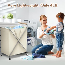 Foldable Metal Laundry Basket with Wheels, 2-Section Rolling Laundry Hamper, 37 Gallons (140L), Removable Liner, Steel Frame with Wooden Handle, Cream White