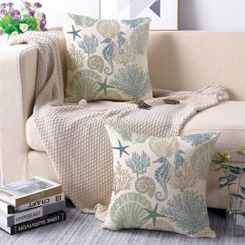Miuyunya Set of 2 Outdoor Cushions 40 x 40 cm Weatherproof Blue Maritime Cushion Cover Spring Summer Waterproof Cushion Covers Retro Starfish Hippocampus Sofa Decorative Cushion Cover for Garden Sofa